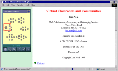 EDUCO interface showing one active document "Virtual Classrooms ..." and few online users (small red dots on navigation map). 