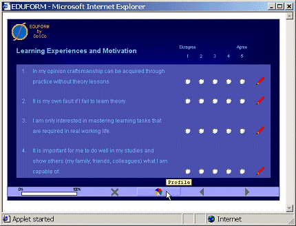 EDUFORM - an adaptive questionnaire. Note "progress bar" and profile button on status bar.